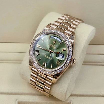 Day-Date President 40mm Everose Gold Olive Green Roman Dial Diamond Bezel - 228345RBR - New 2025