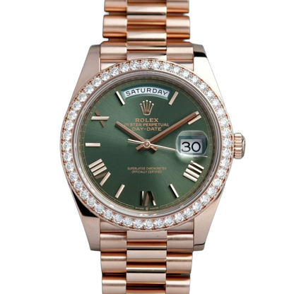 Day-Date President 40mm Everose Gold Olive Green Roman Dial Diamond Bezel - 228345RBR - New 2025
