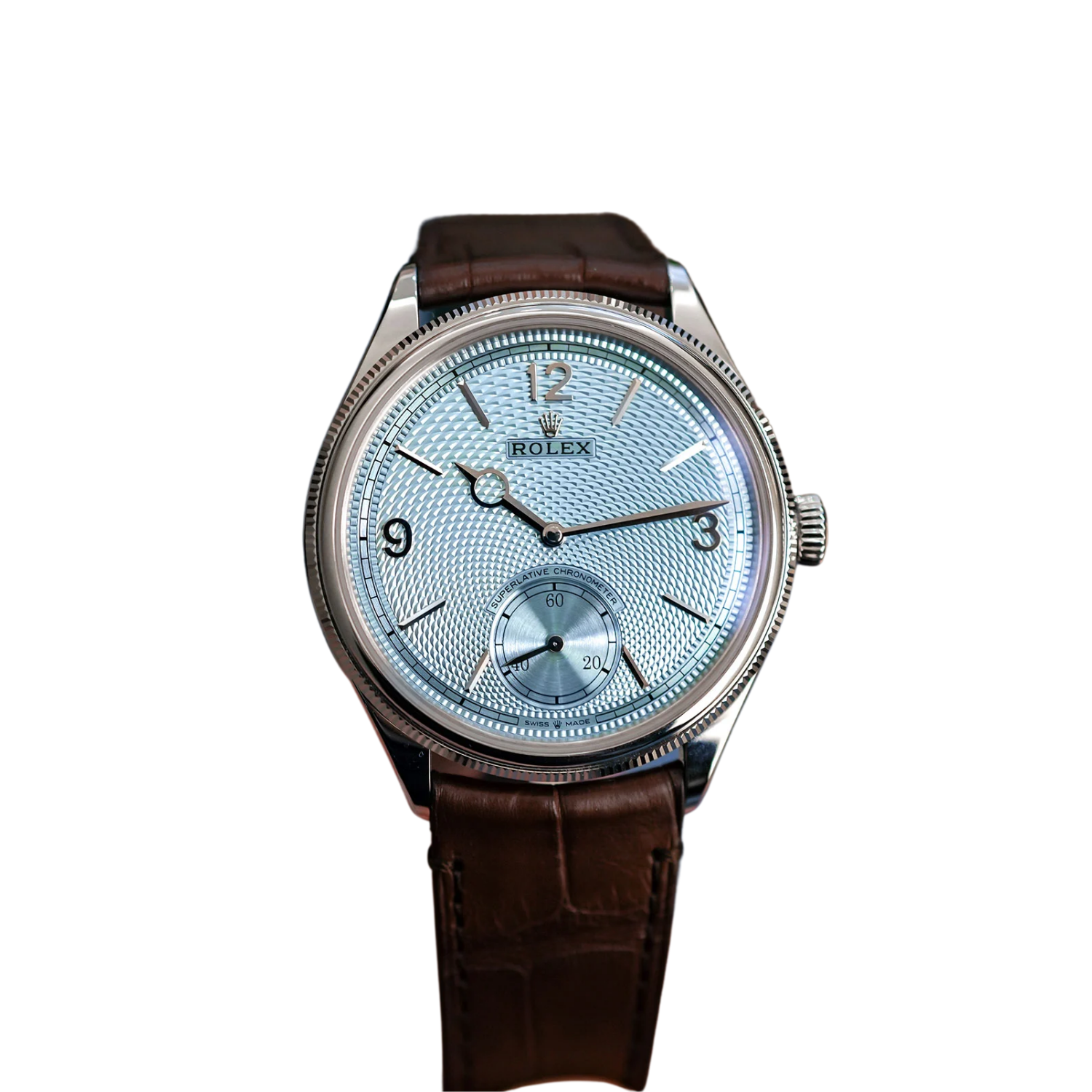 Perpetual 1908 39mm White Gold Platinum Ice Blue Dial Brown Alligator Leather Strap m52506-0002