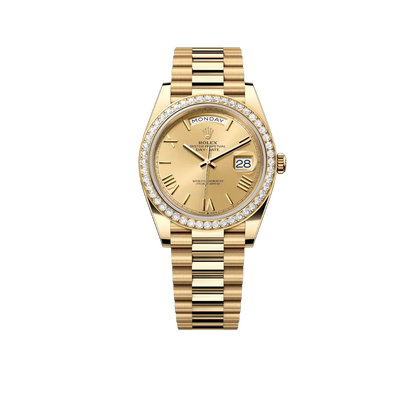 Day-Date 40 228348RBR Yellow Gold Diamond Bezel Champagne Roman Dial
