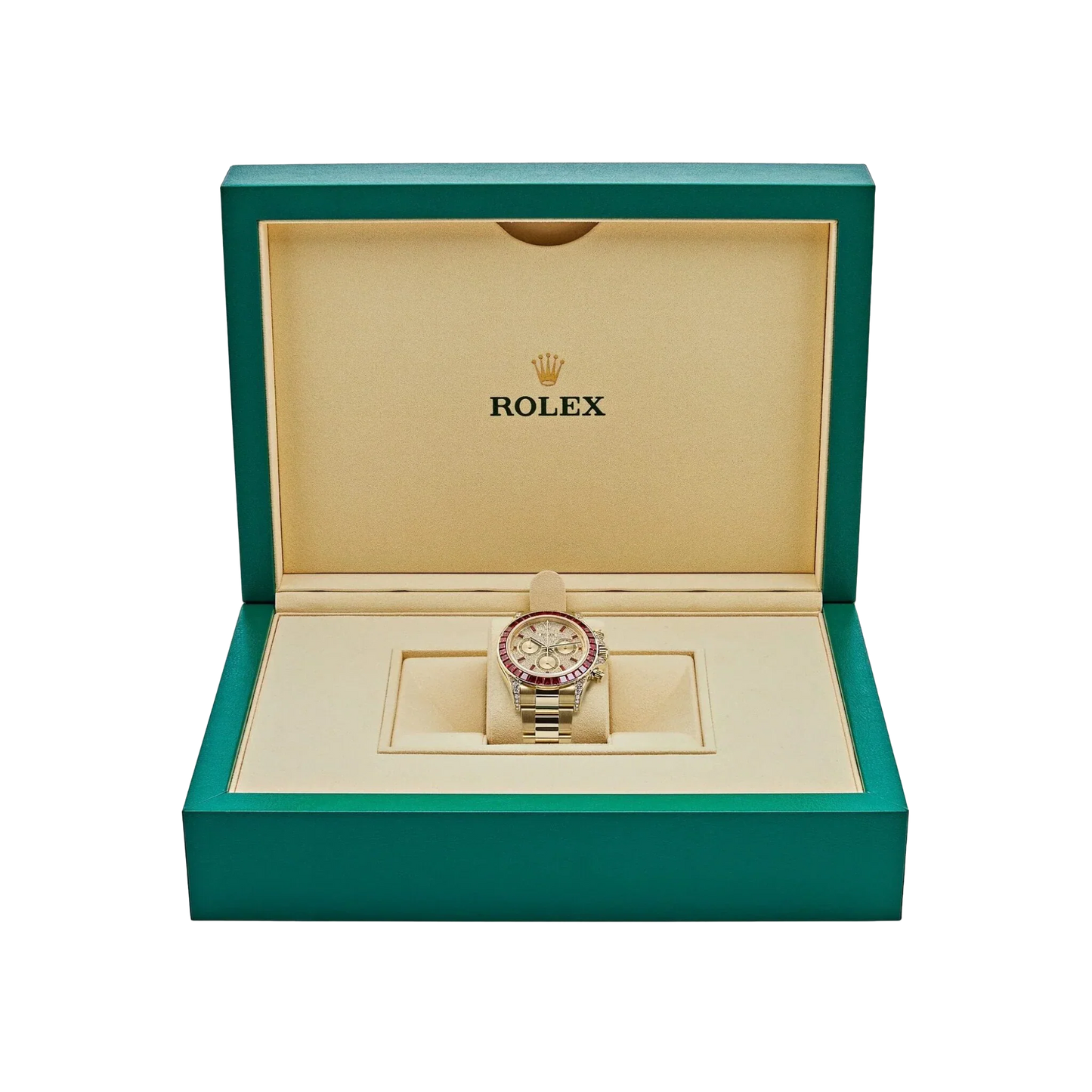 Daytona 126598TRU Yellow Gold Ruby Bezel Diamond Pave Dial